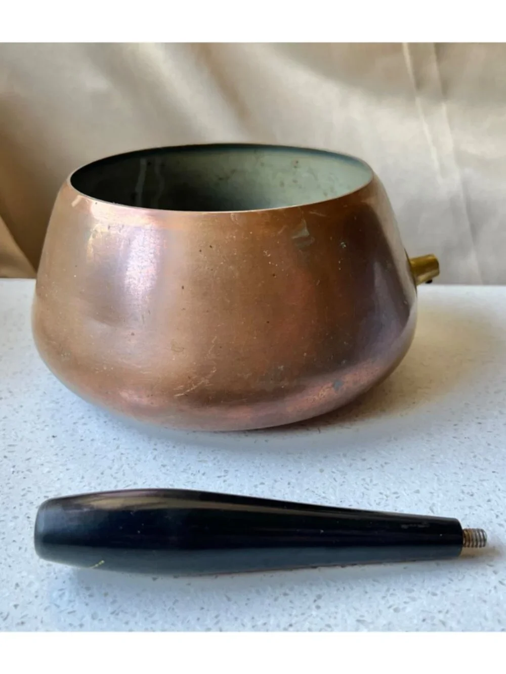 Copper Saucepan With Removable Black Handle & Brass Detail VTG French Country